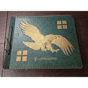 Vintage Green Gold Eagle Photo Album with Black and White Family Snapshot 250+